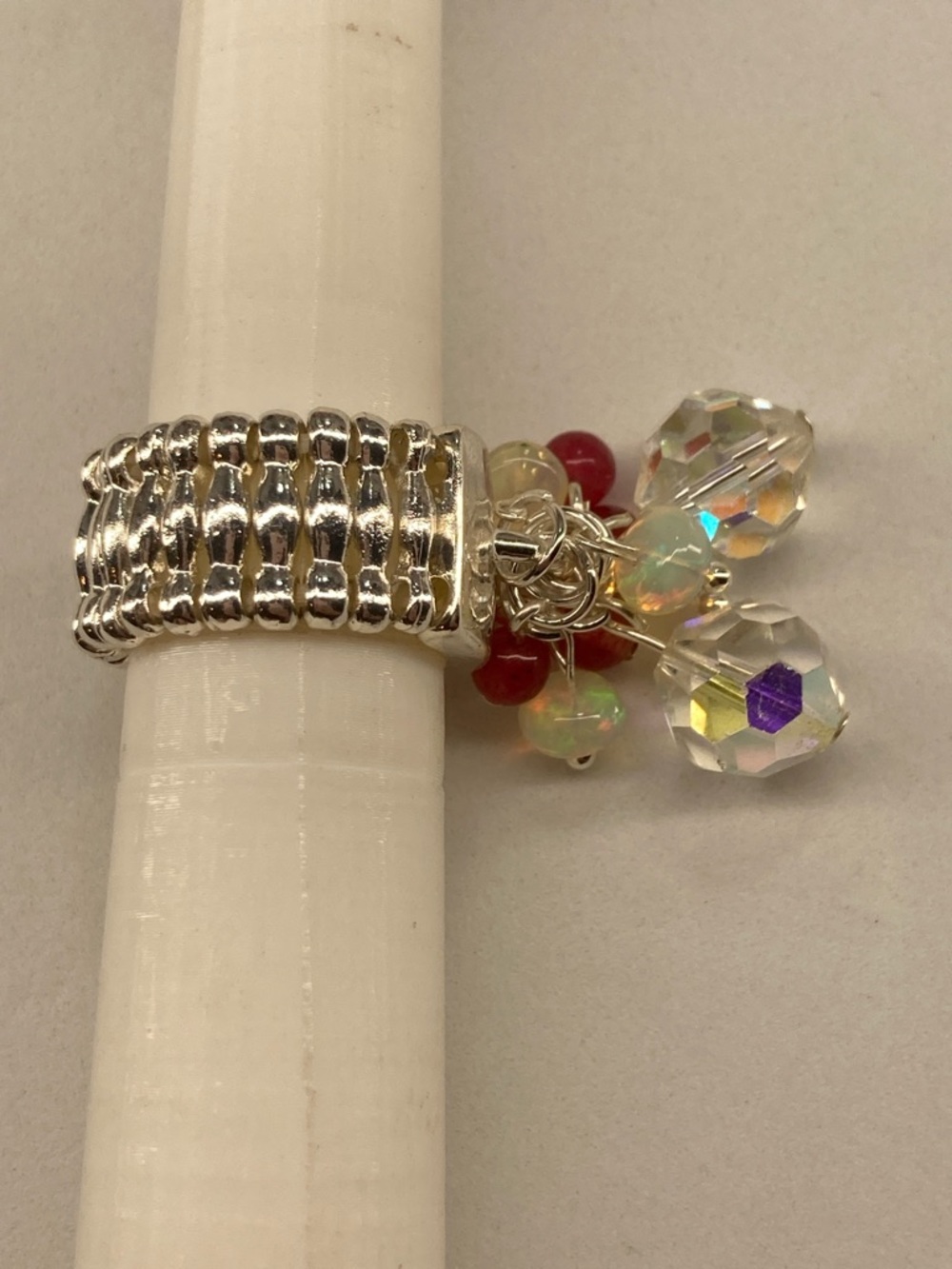 Q420. Opal, Ruby And Vintage AB Crystal Stretch Ring - Picture 2 of 4